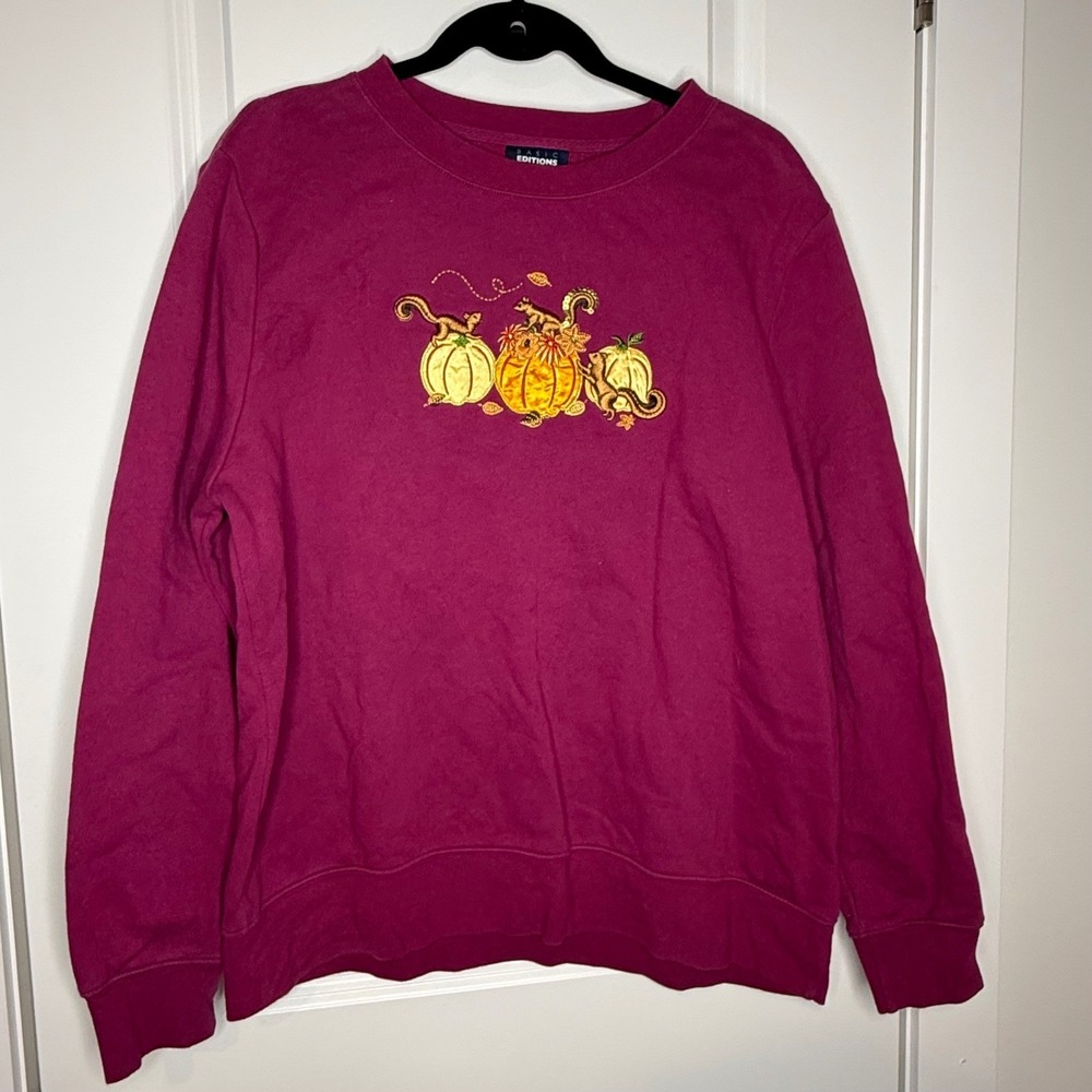 Basic Editions Womens Magenta Pumpkin Squirrel Embroidered Sweatshirt Large L